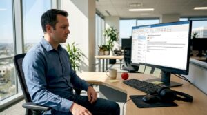 Tech worker reading layoff notice at desk