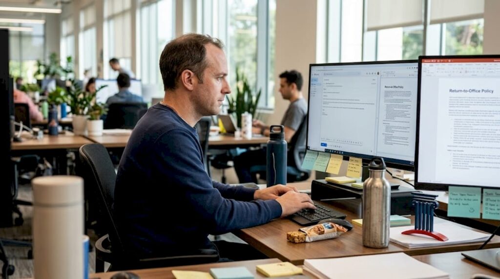 Tech worker reviewing remote work policy on computer