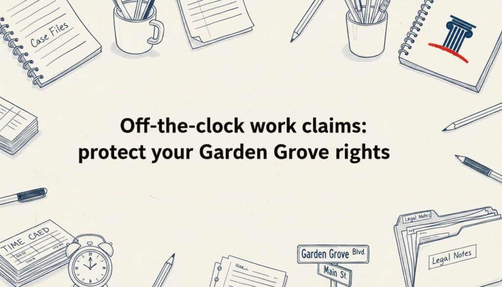 Hand-drawn title card with timecard, street sign, and legal files