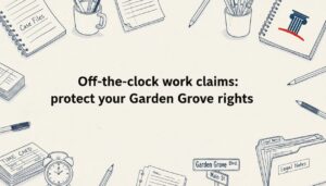 Hand-drawn title card with timecard, street sign, and legal files