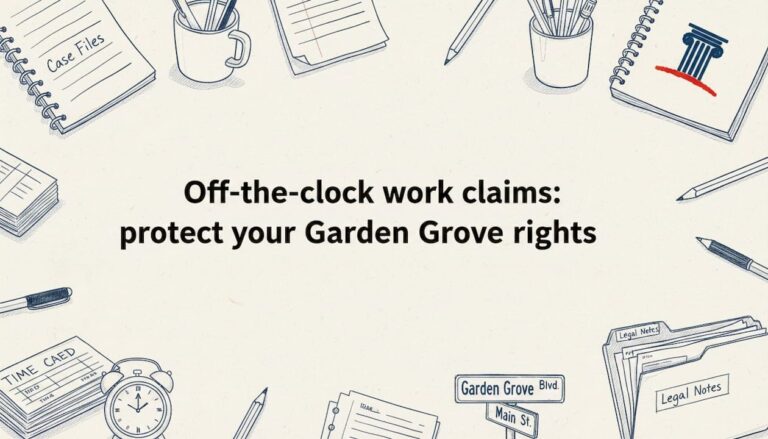 Hand-drawn title card with timecard, street sign, and legal files