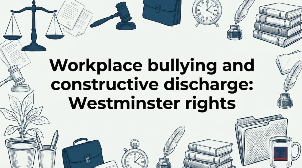 Decorative sketch-style title card with law and office props