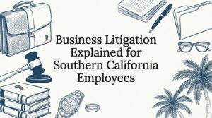 Decorative title card with legal and office illustrations