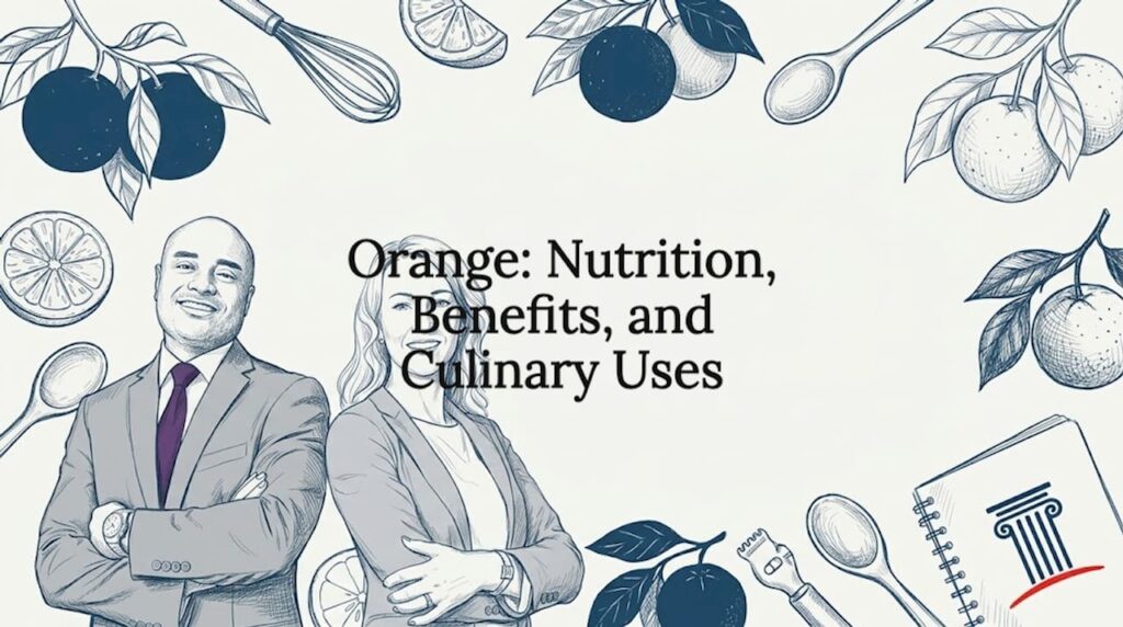 Orange-themed title card illustration with culinary props