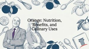 Orange-themed title card illustration with culinary props
