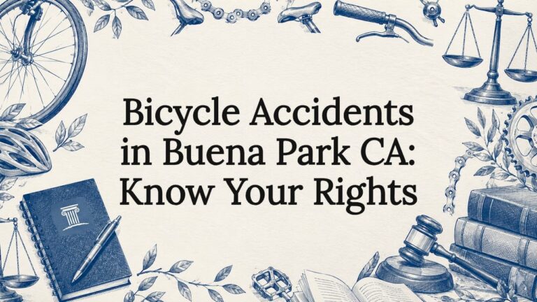 Decorative title card illustration with bicycle and law motifs