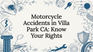 Decorative title card illustration with motorcycle motifs