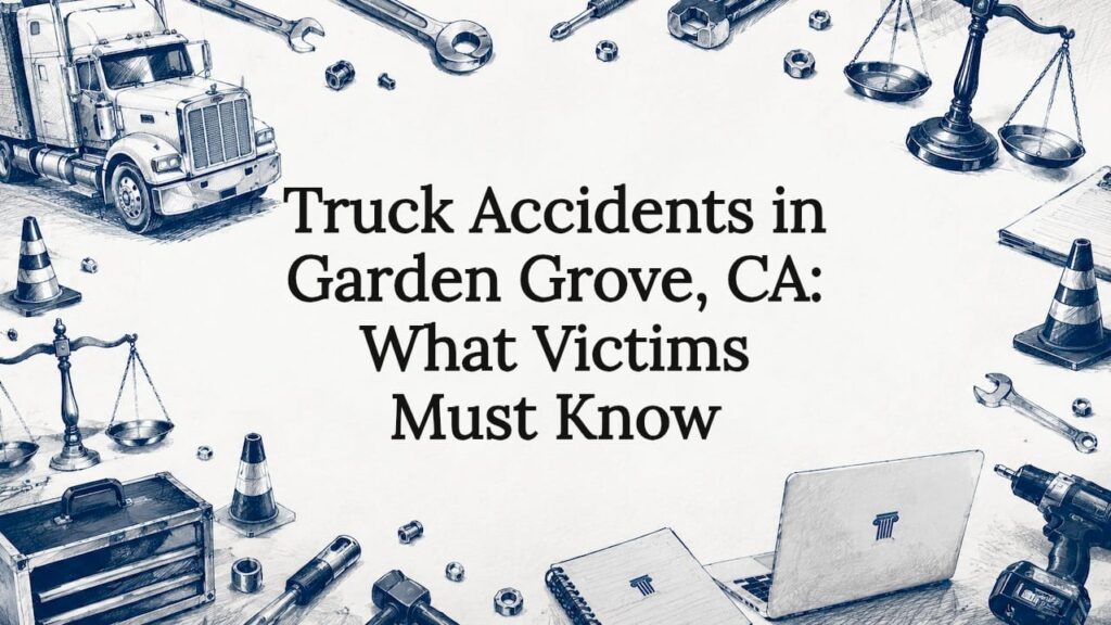 Decorative title card illustration with truck and legal elements