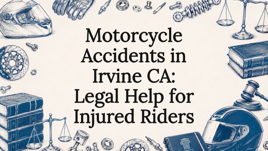 Decorative title card illustration with motorcycle and legal motifs