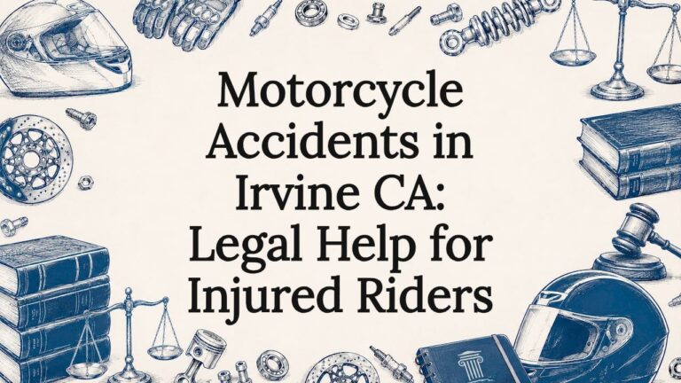 Decorative title card illustration with motorcycle and legal motifs