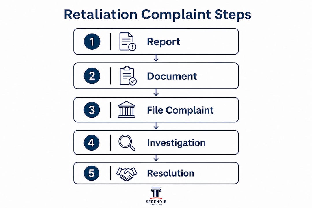 Infographic outlining steps to file retaliation complaint