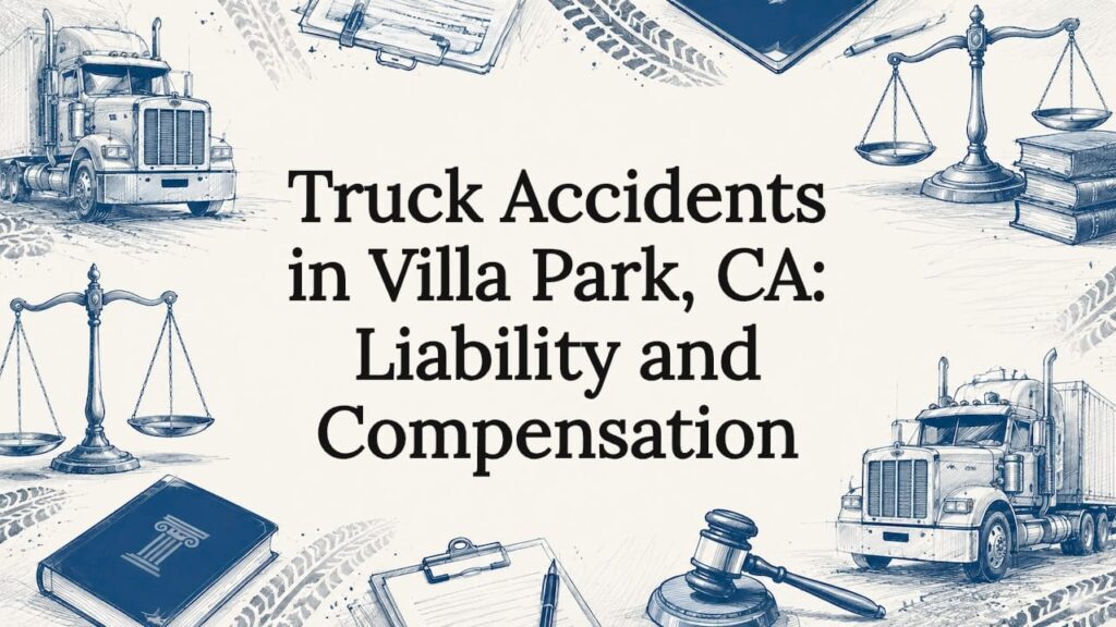 Decorative title card with legal and truck motifs