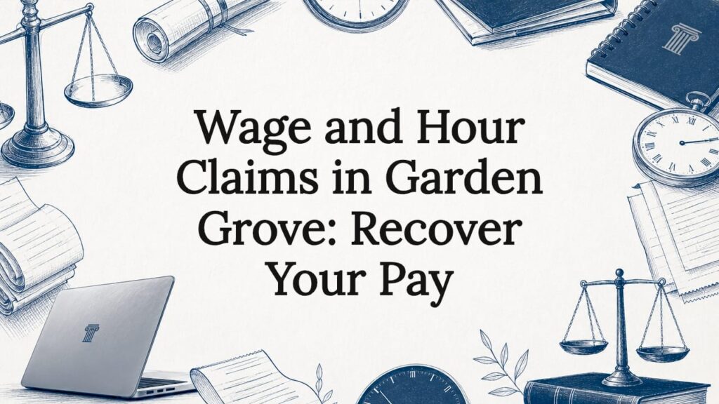 Decorative title card illustration with legal and wage-related motifs