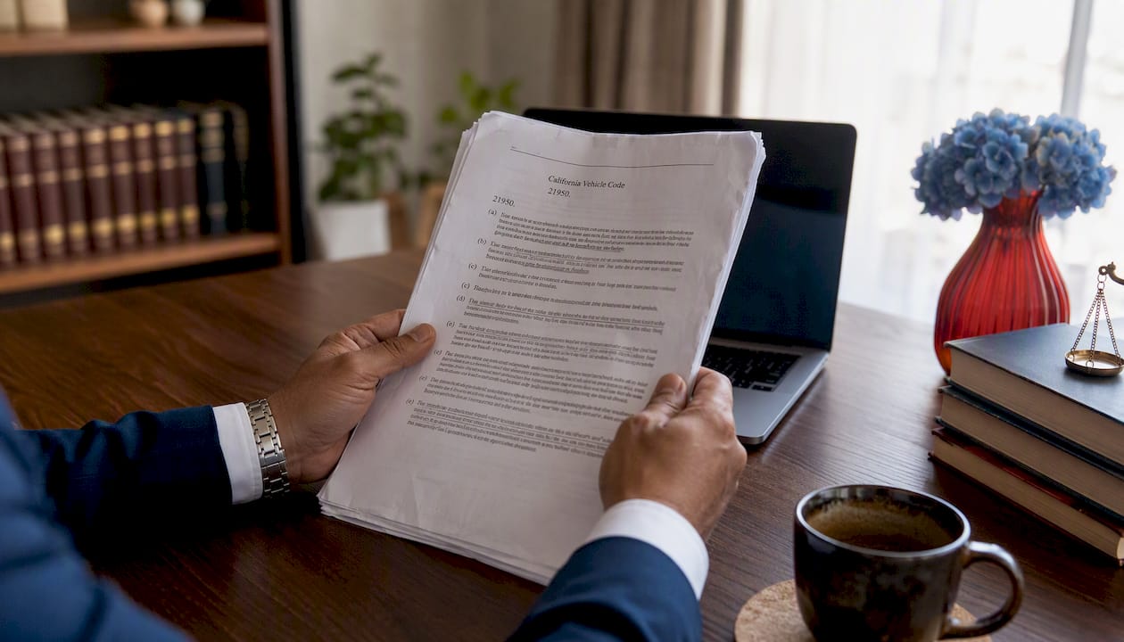 Hands holding legal code documents at desk