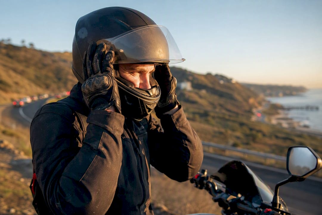 Motorcyclist gripping handlebar near accident hazards