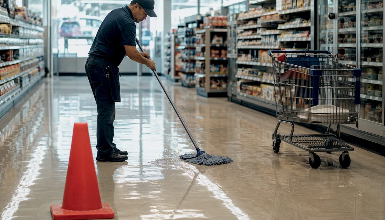 Janitor cleaning wet spill on store floor
