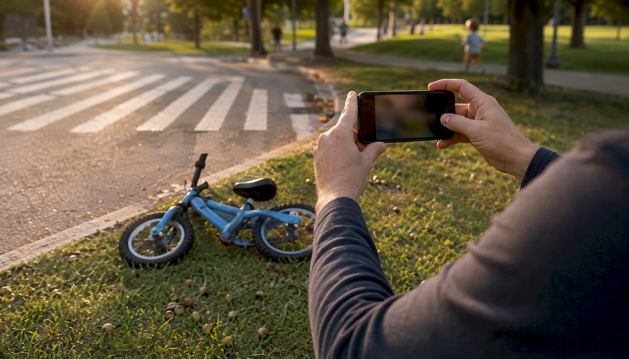 Hands photographing pedestrian accident scene for evidence