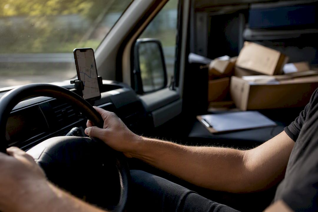 Delivery driver’s hands on steering wheel with GPS