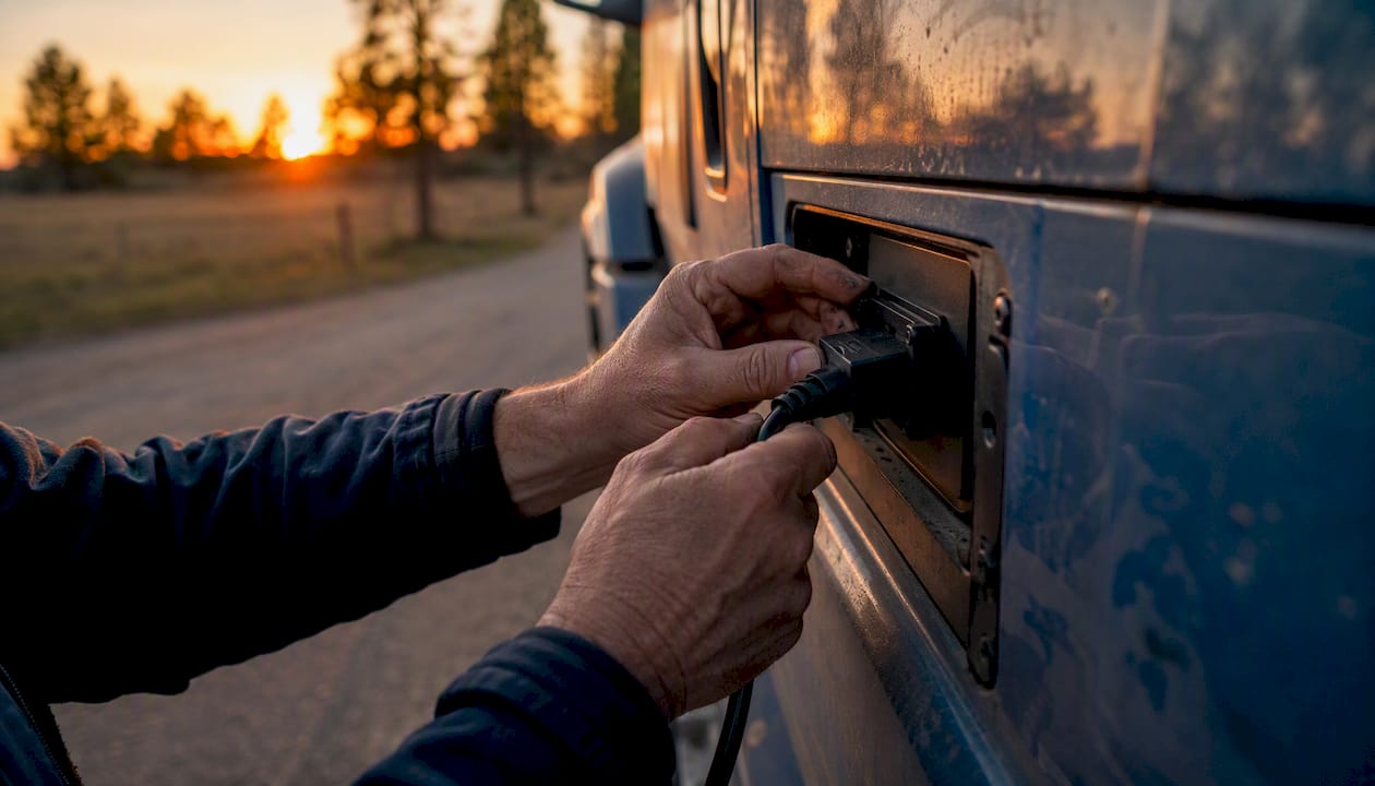 Hands retrieving electronic logging device data from truck