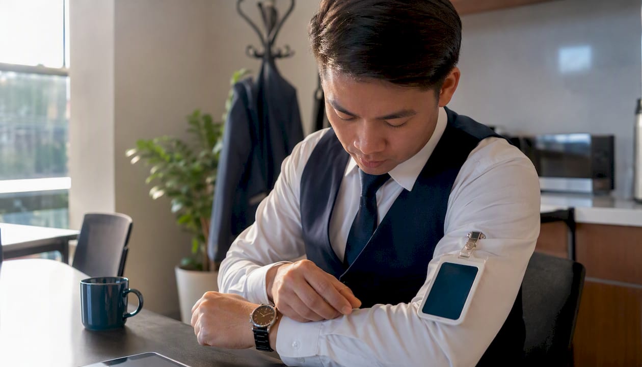 Worker adjusting wristwatch and badge