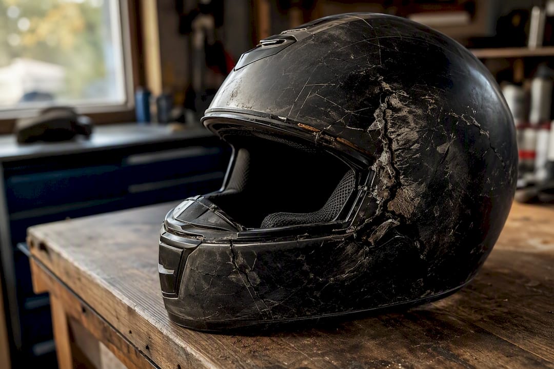 Damaged motorcycle helmet for injury claim evidence