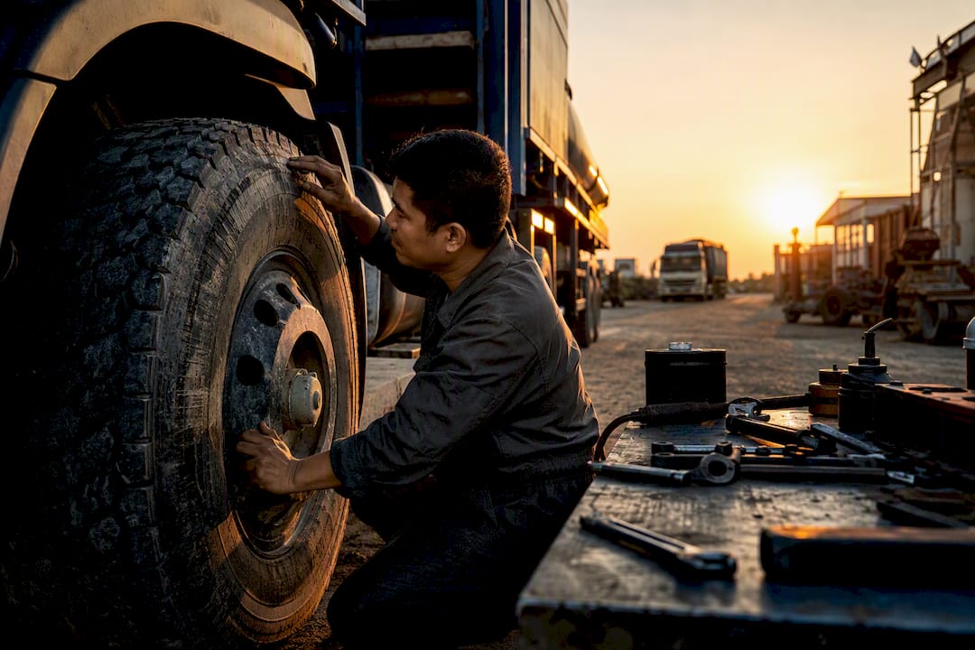 Hands checking worn tire tread in garage