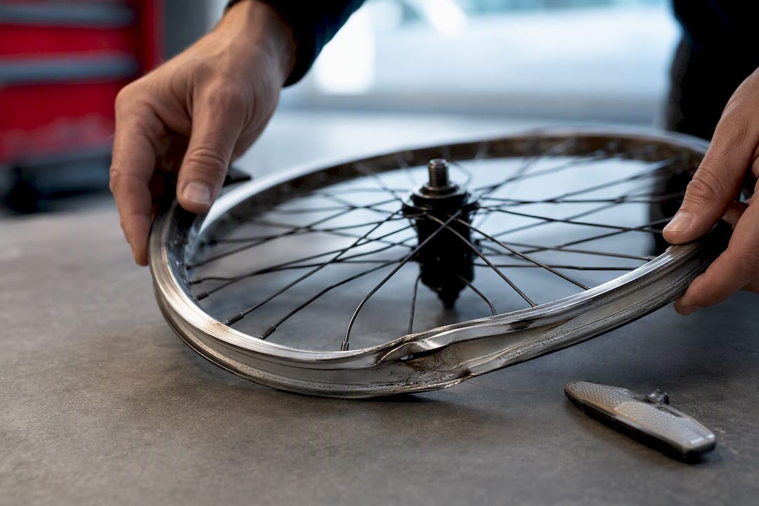 Damaged bicycle wheel preserved as evidence