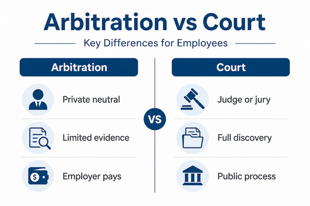 Infographic comparing arbitration and court features