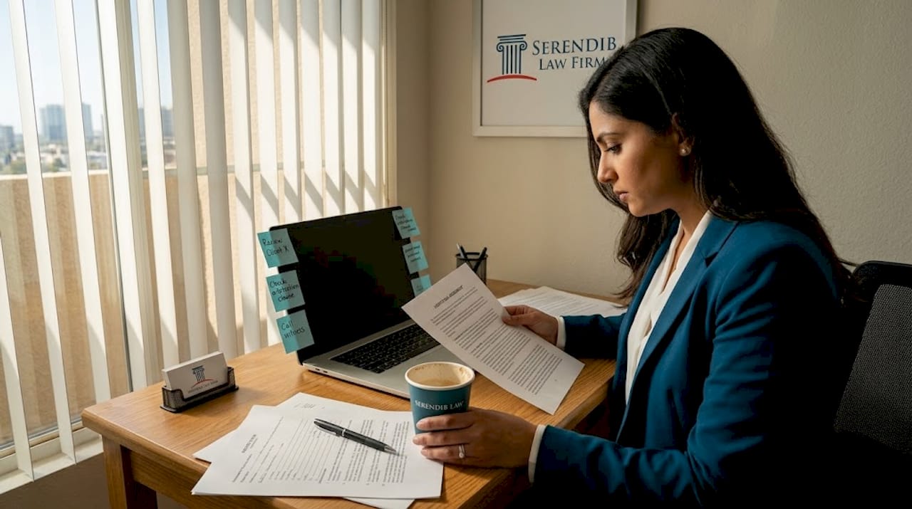 Employee reviews agreement at sunlit desk