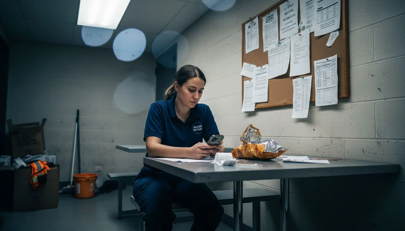 Delivery driver checking pay stubs in breakroom