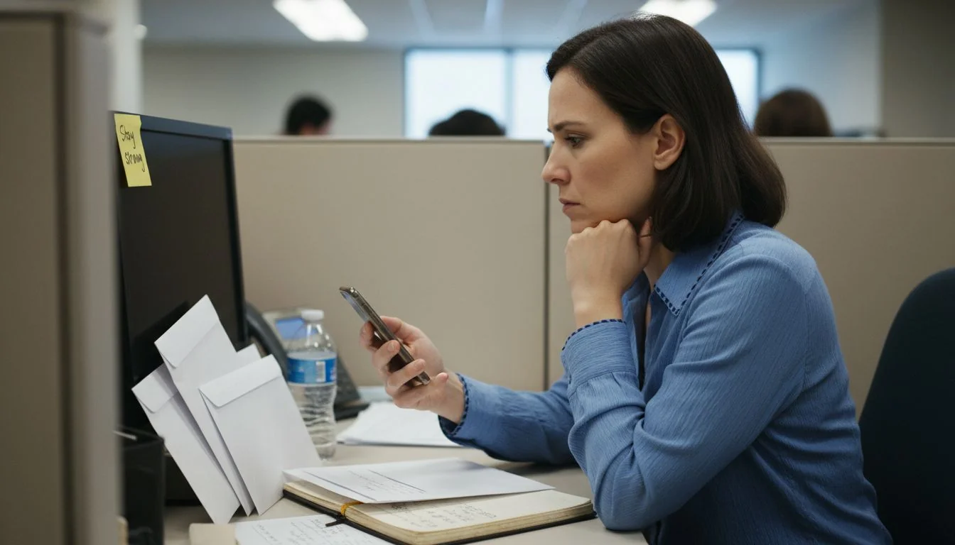 Worried employee checking phone for updates