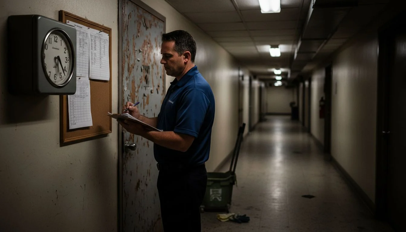 Supervisor reviewing timecards in hotel hallway