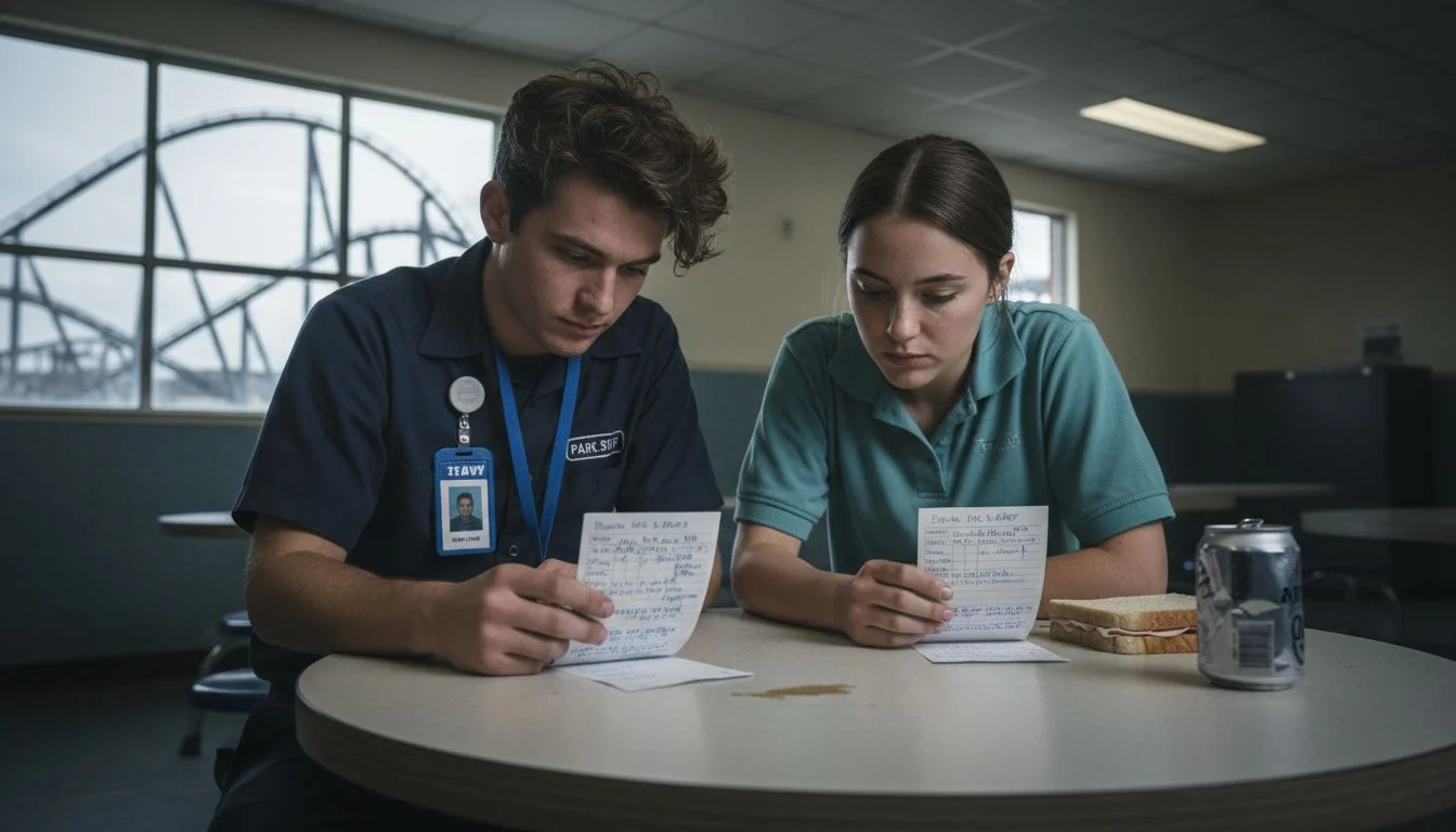 Amusement workers comparing timecards breakroom