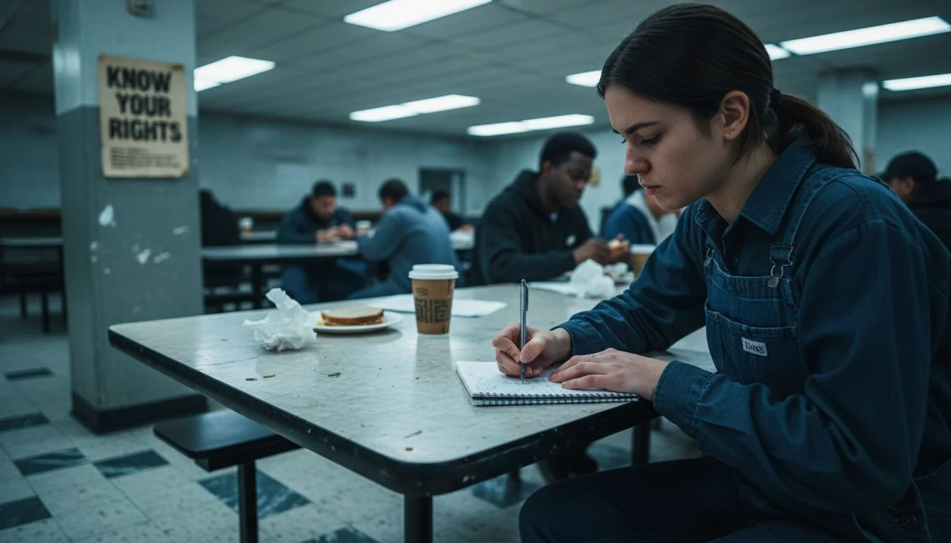 Worker writing log in messy warehouse break room