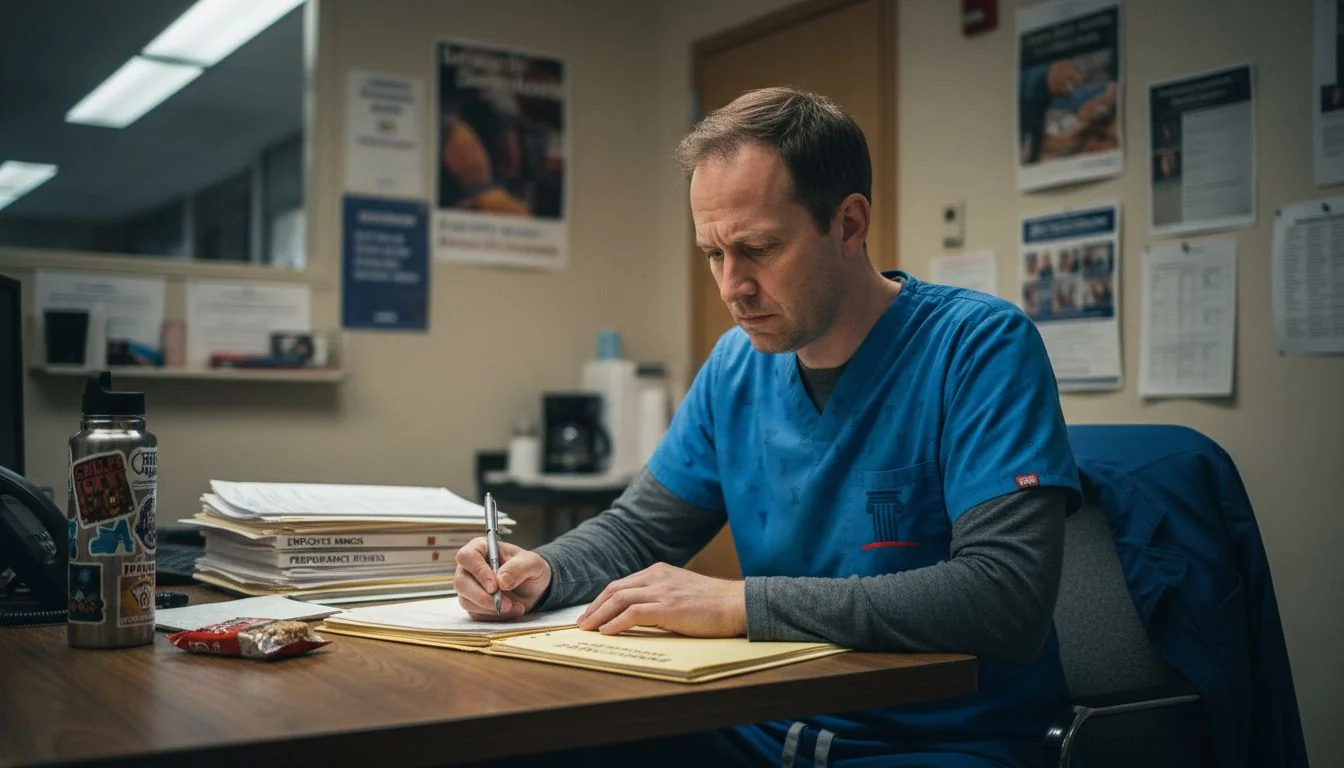 Healthcare technician reviewing workplace retaliation signs