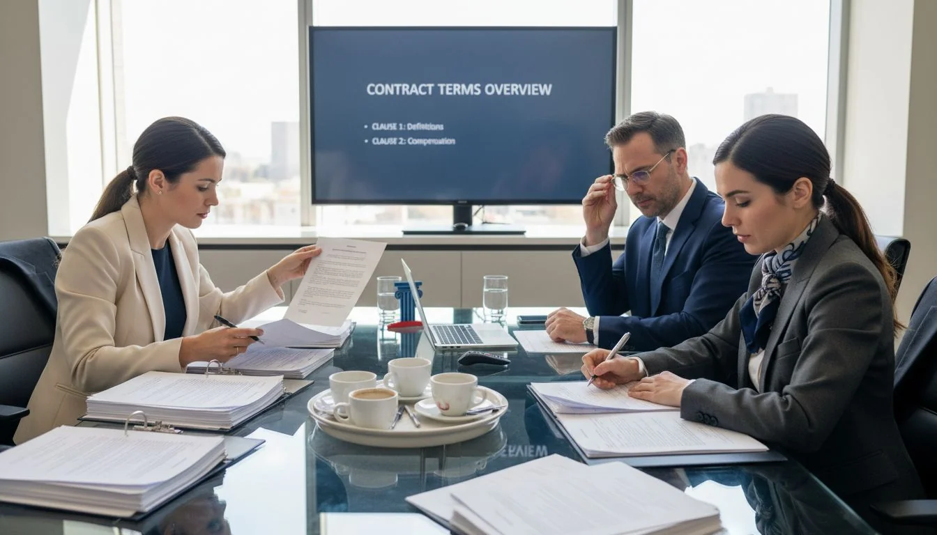 Executives negotiating employment contracts in boardroom