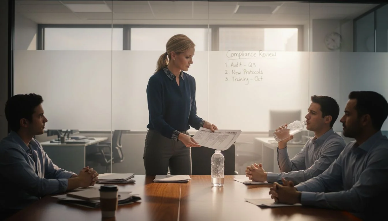 HR manager distributing layoff notices at Irvine workplace