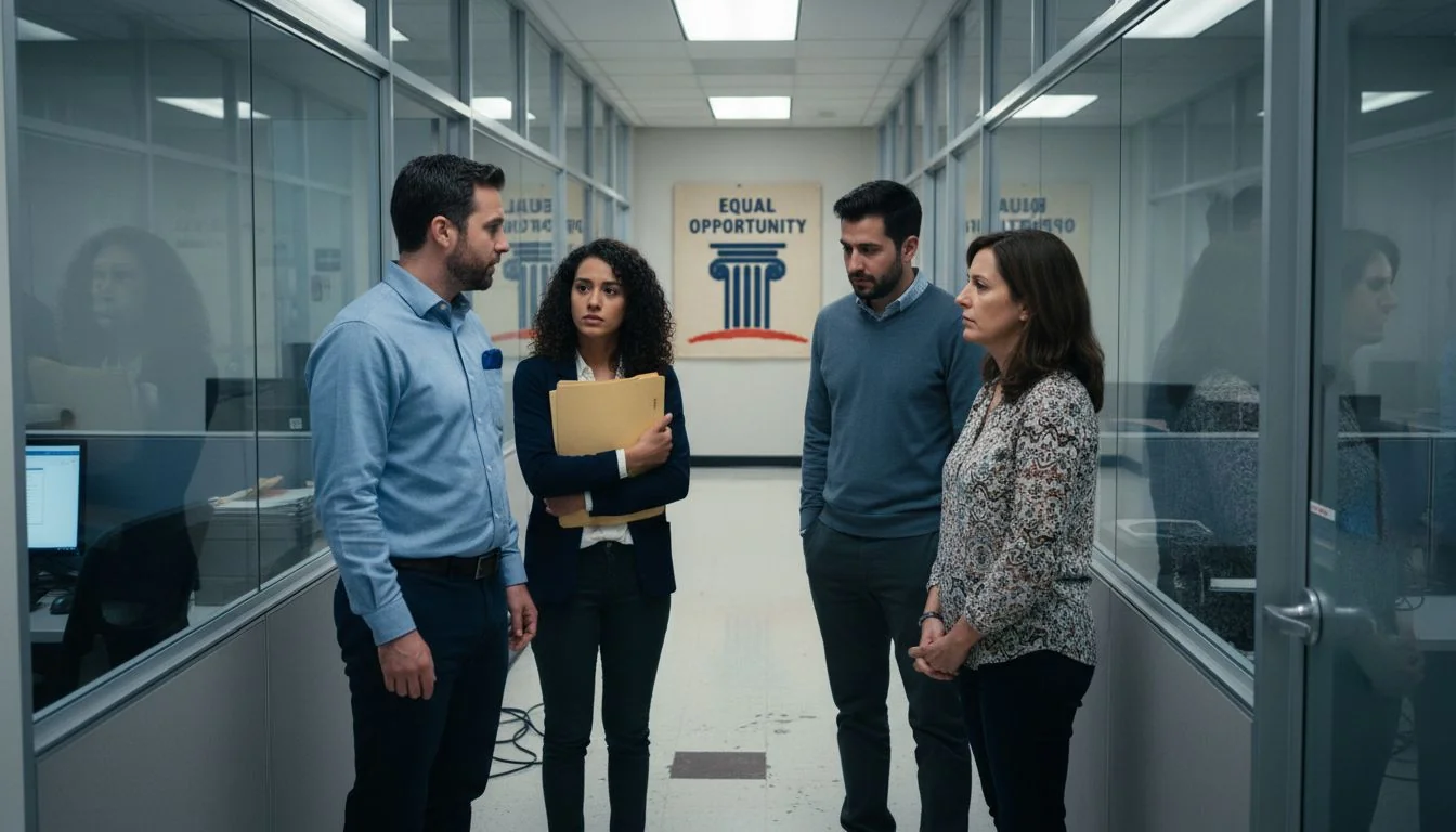 Concerned staff outside Experian offices hallway