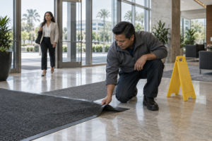 Building manager inspecting a raised entry mat in an office lobby with a caution sign nearby.