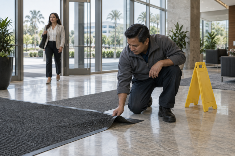 Building manager inspecting a raised entry mat in an office lobby with a caution sign nearby.
