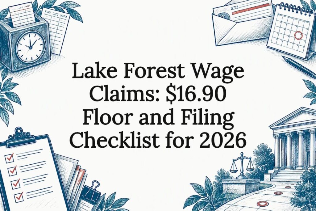 Wage claim title card with legal sketches