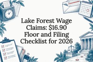 Wage claim title card with legal sketches