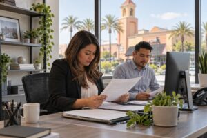 Employees reviewing workplace paperwork at an Orange, California office