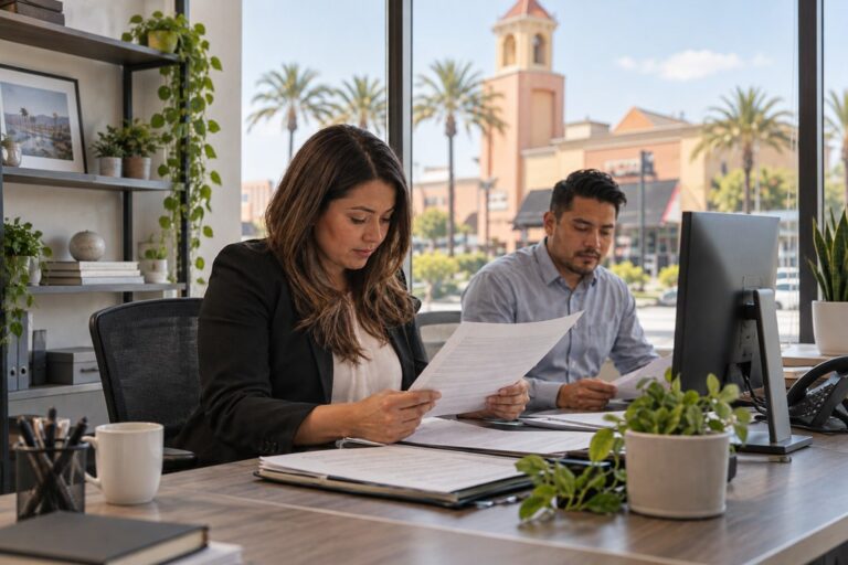 Employees reviewing workplace paperwork at an Orange, California office