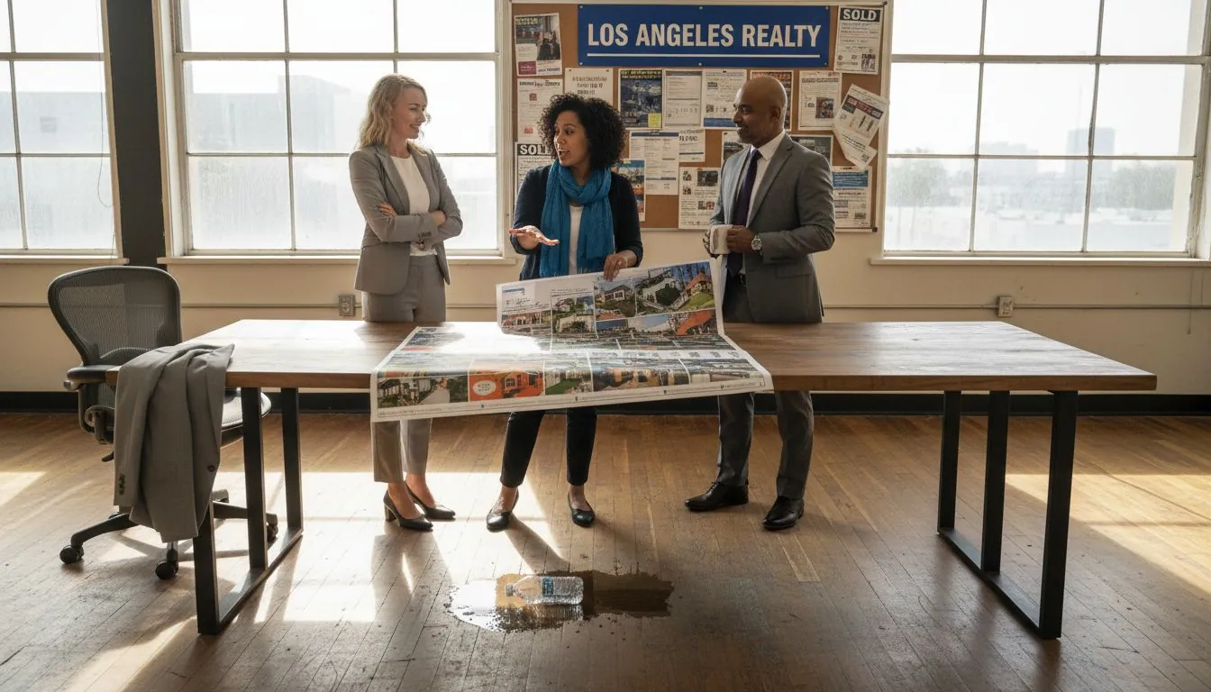 Real estate agents in shared office discussion
